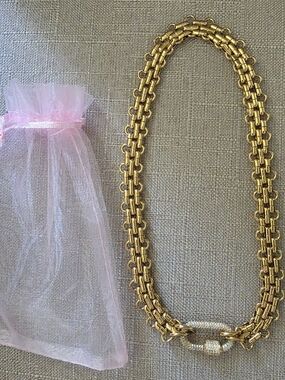 Gold-Tone Double Strand Chain Necklace with Pave Clasp